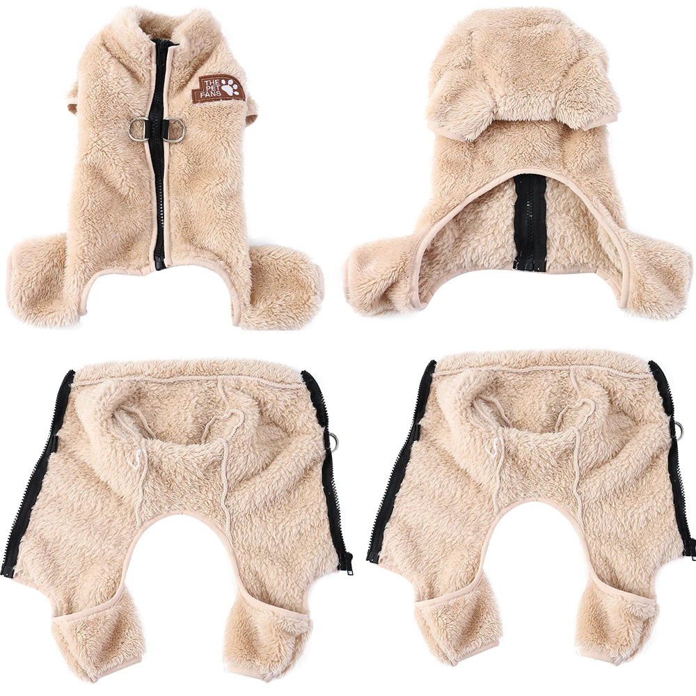 Soft Fleece Dog Clothes Winter Four Legs Covered  Plush Pet Coat Zipper Jacket Autumn Overall For Small Middle Dog