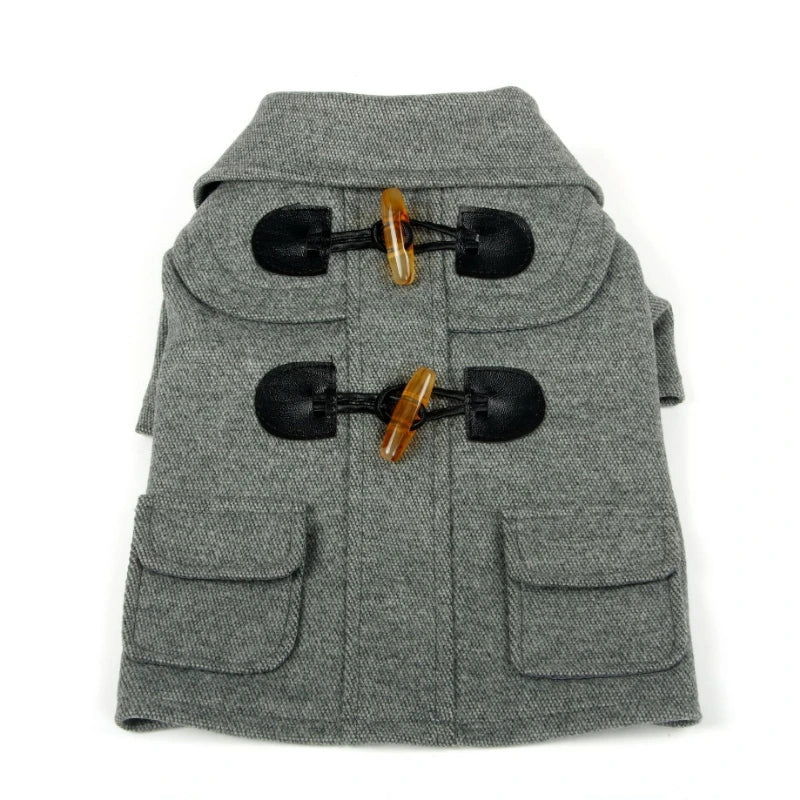 Static Rivited Fashion Collared Wool Pet Coat,Vintage Horn Button Wool Blend Dog Coat Thick Warm Two‑leg Pet Jacket Turn‑down Collar Pocket Design Windproof Cold‑Resistant Outfit for Medium Small Dogs Autumn Winter Outd