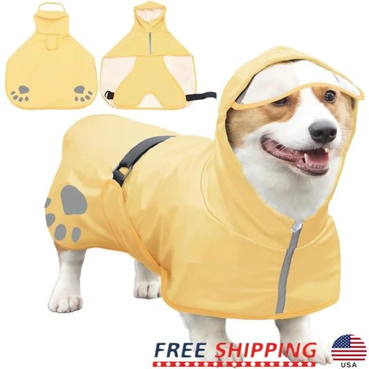 Dog Raincoat Hooded Reflective Slicker Lightweight Waterproof Pet Jacket Adjustable Belly Strap Leash Hole Outdoor Activities