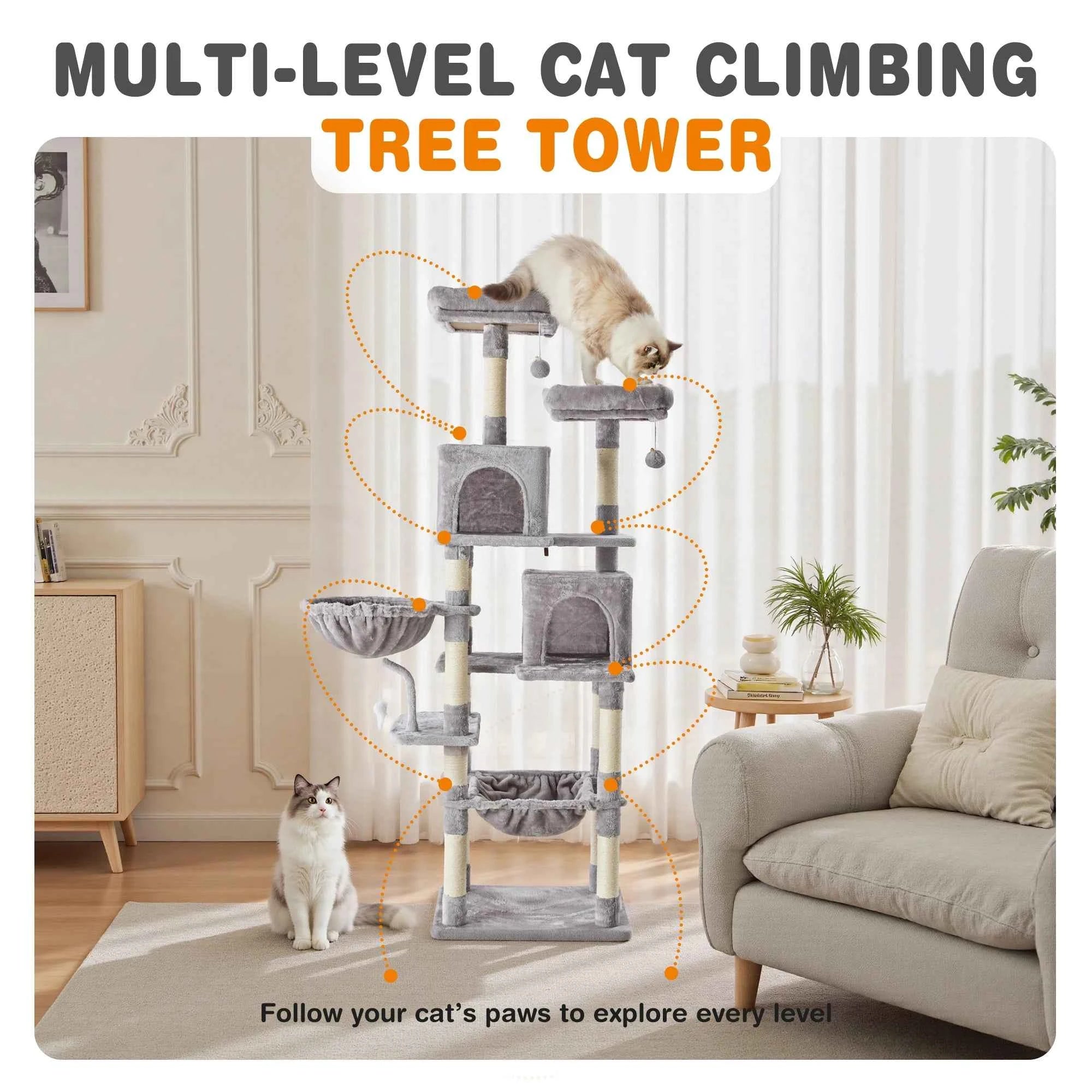 JHK 71In Cat Tree Tall Multi-Cat Climbing Tower for Pet Furniture Natural Sisal Scratching Posts Stable Pet House for Indoor Cat