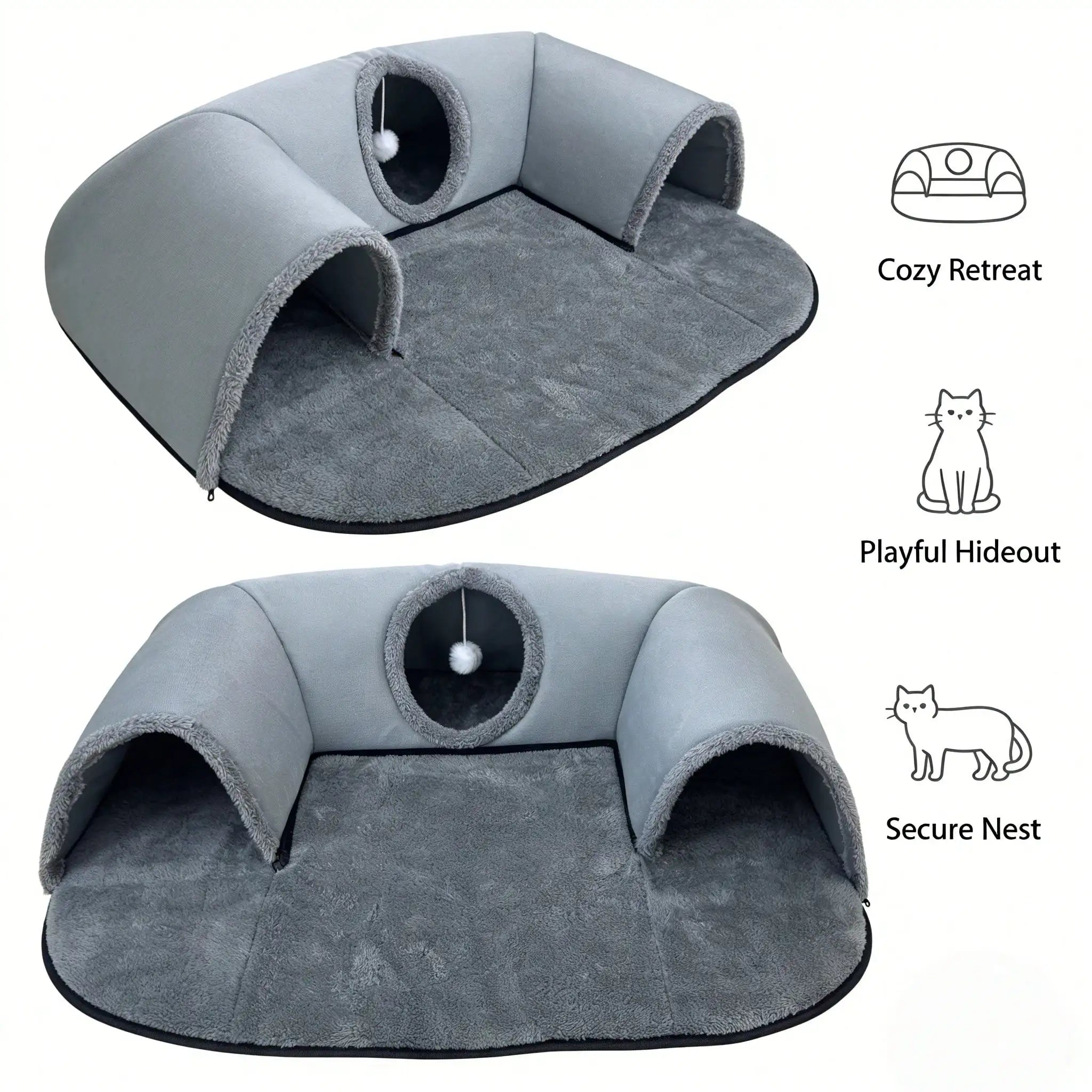 2 In 1 Cat Tunnel Bed With Soft Plush Cushion Multisize Warm Hideaway Cave With Hanging Pom-pom Toy Interactive Play Rest House Washable Pet Sleeping Mat For Kitten Small Indoor Cats