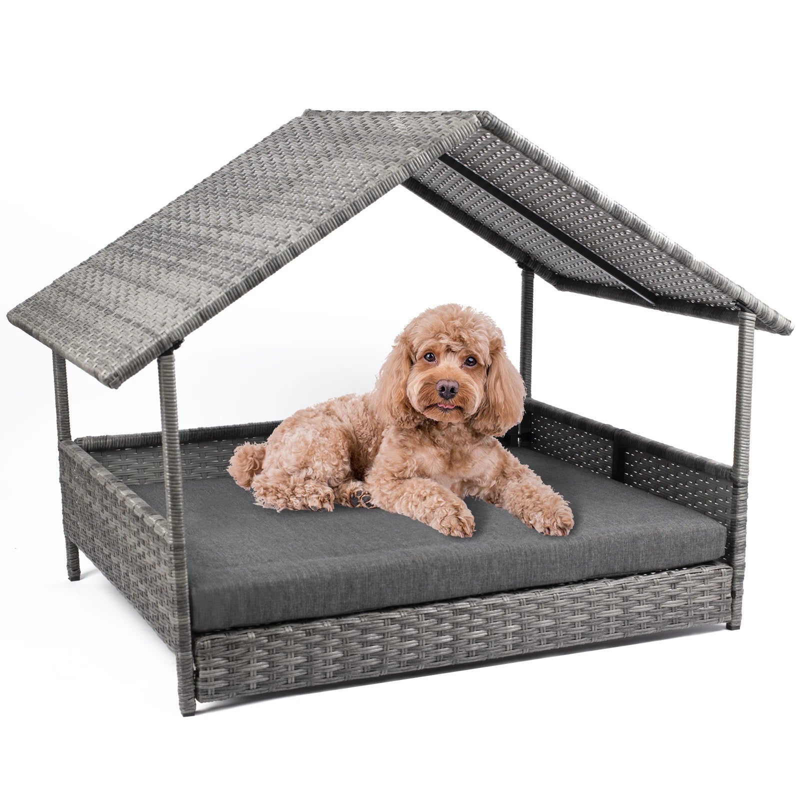Elevated Wicker Dog House With Canopy And Water Resistant Cushion
