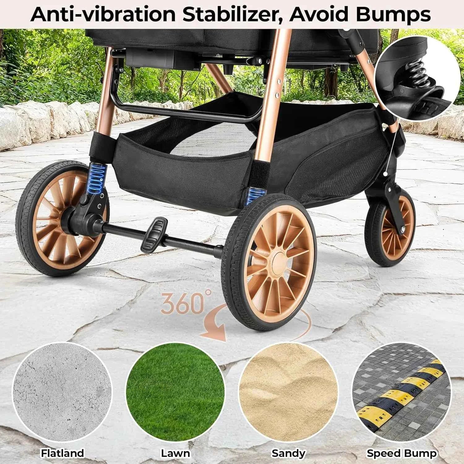 Foldable Pet Stroller for Medium Dog Cat Up to 55 lbs,All-Terrain 3-in-1 Dog Stroller with Carrier,Storage Basket,Cup Holder