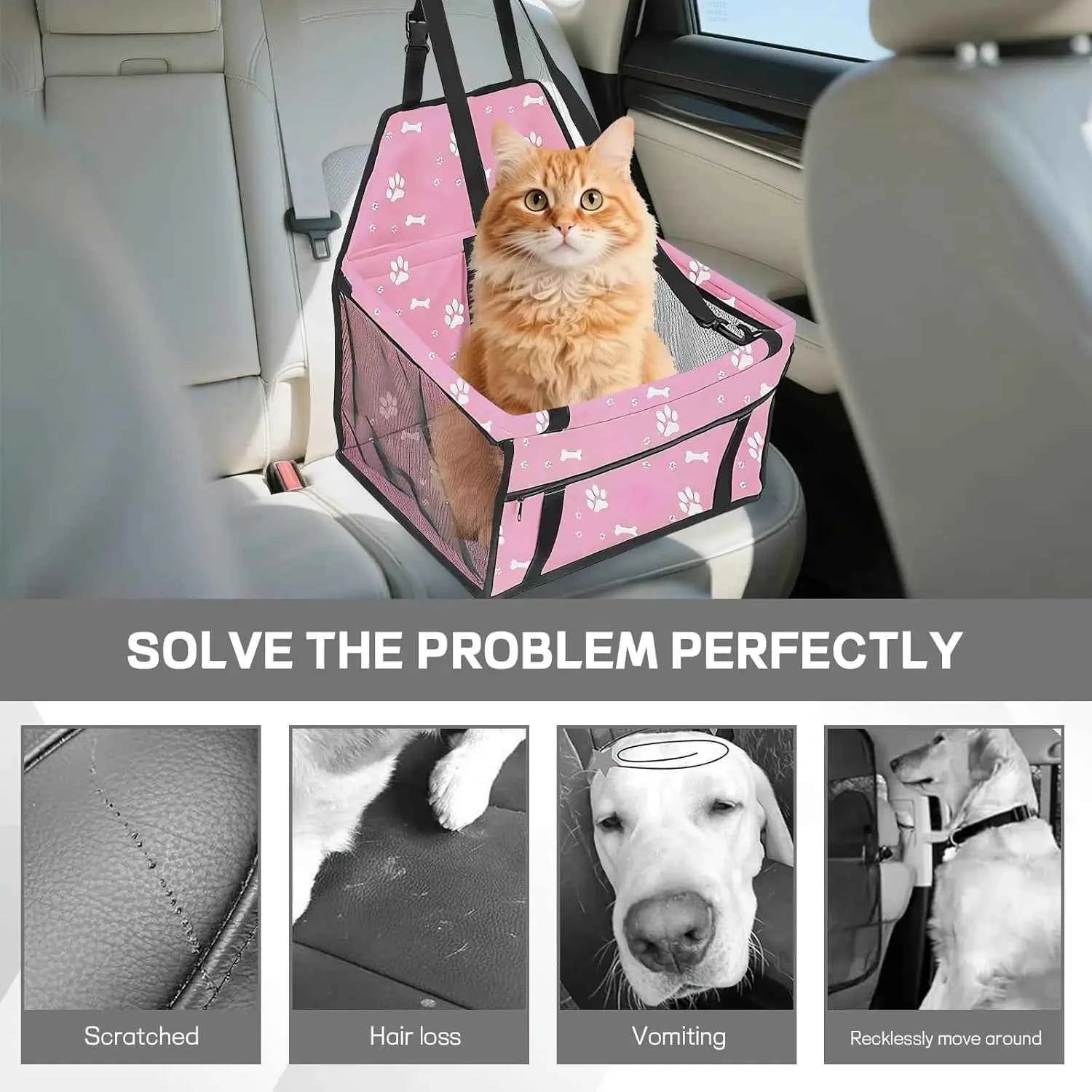 Wuyaoyao Pet Car Seat, Waterproof Breathable Oxford Cat Dog Car Booster Seat for Small Pets, Foldable Portable Vehicle Puppy Travel Basket with Seatbelt & Support Rod, for Pet Up to 22 lbs (Pink)