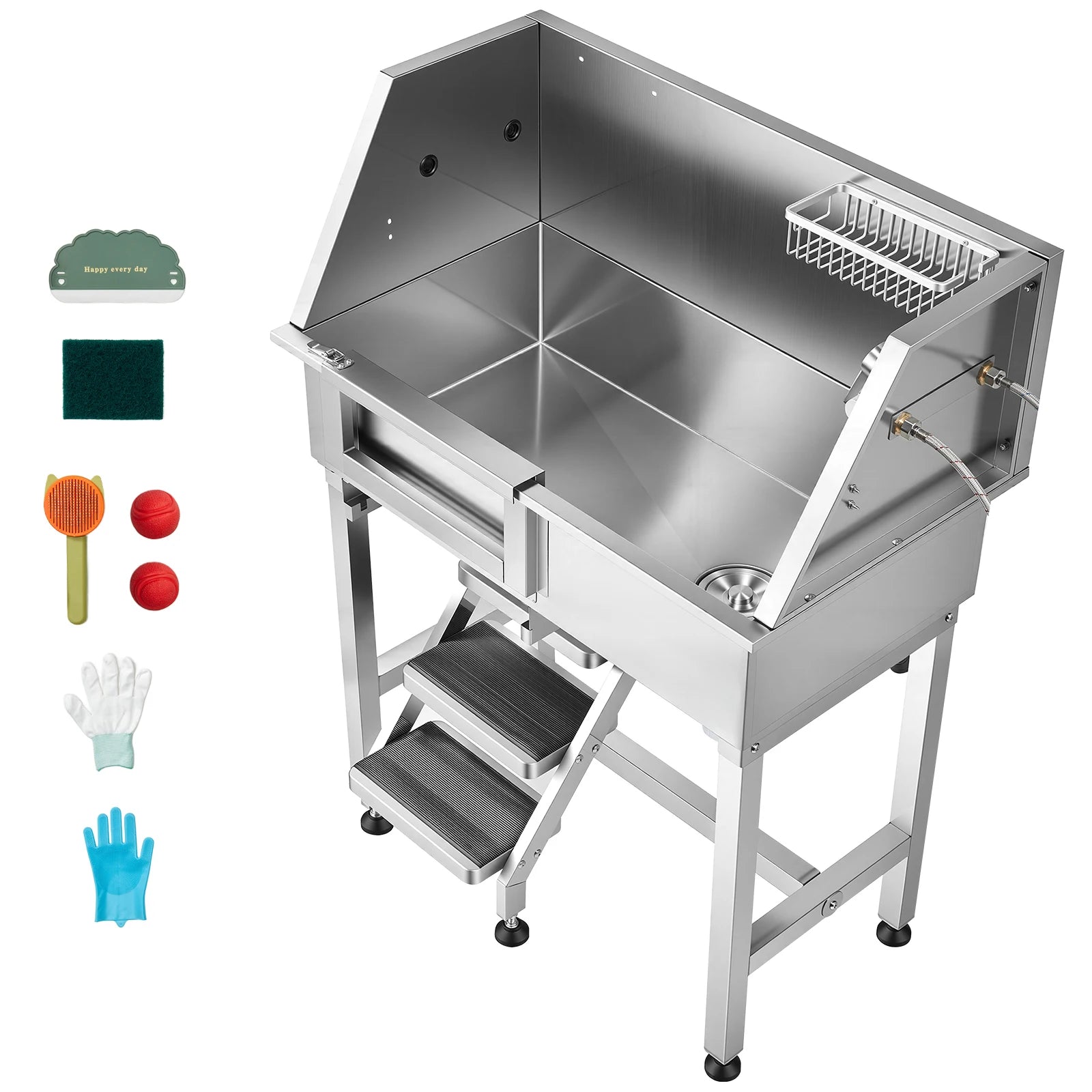SucceBuy 34" Dog Washing Station Stainless Steel Dog Wash Sink with Shower Faucet Soap Holder Non-Slip Stairs Easy-Clean Design