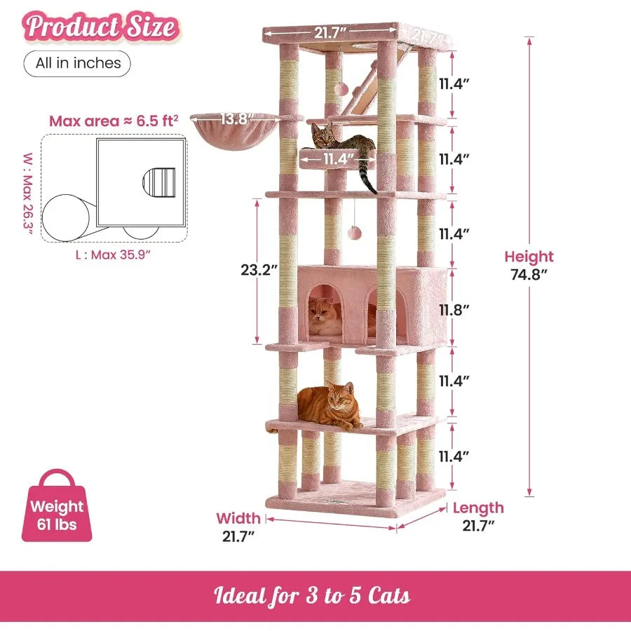 74.8 Inches Pink Extra Large Cat Tree Tall Cat Tower for Indoor Cats with Large Cat Condo Wide Top Perch Hammock Sisal-Covered