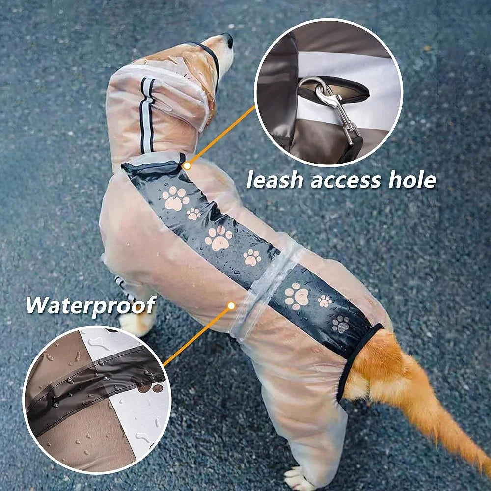 Dog Raincoat Hooded Poncho Waterproof Jacket 4 Legs Transparent Reflective Stripe Pet Rain Gear Outdoor Protection Medium