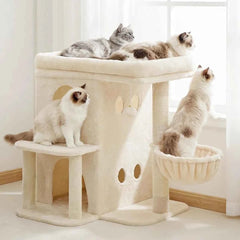 25.6 inch tall cat tower with large perch dual condos sisal posts cozy basket and dangling toy for big cats