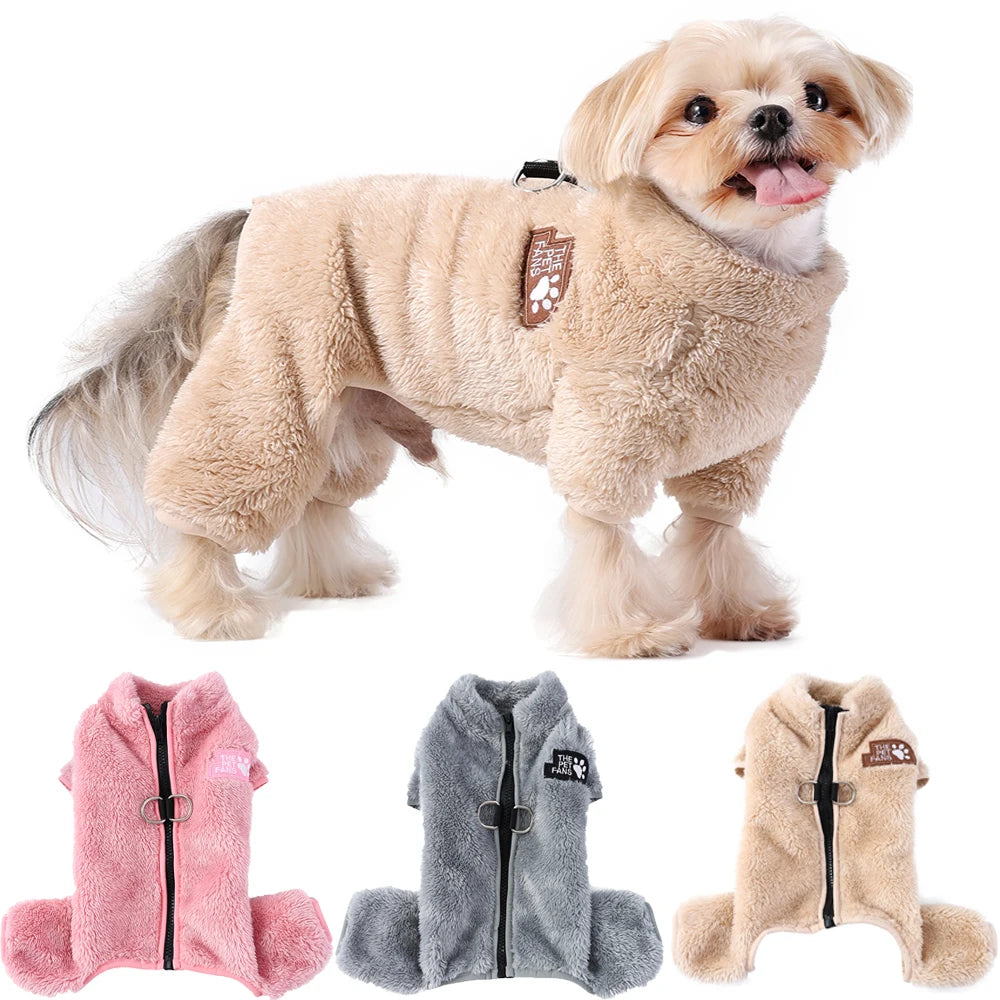 Soft Fleece Dog Clothes Winter Four Legs Covered  Plush Pet Coat Zipper Jacket Autumn Overall For Small Middle Dog