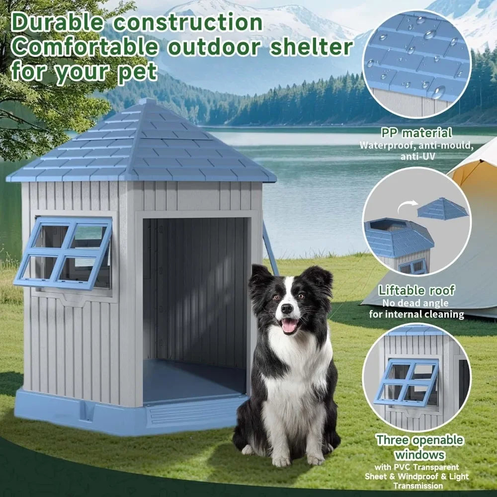 Dog House Indoor Outdoor Durable Large Dog Shelter with Outside Kennel with Window and Elevated Floor for Small Medium
