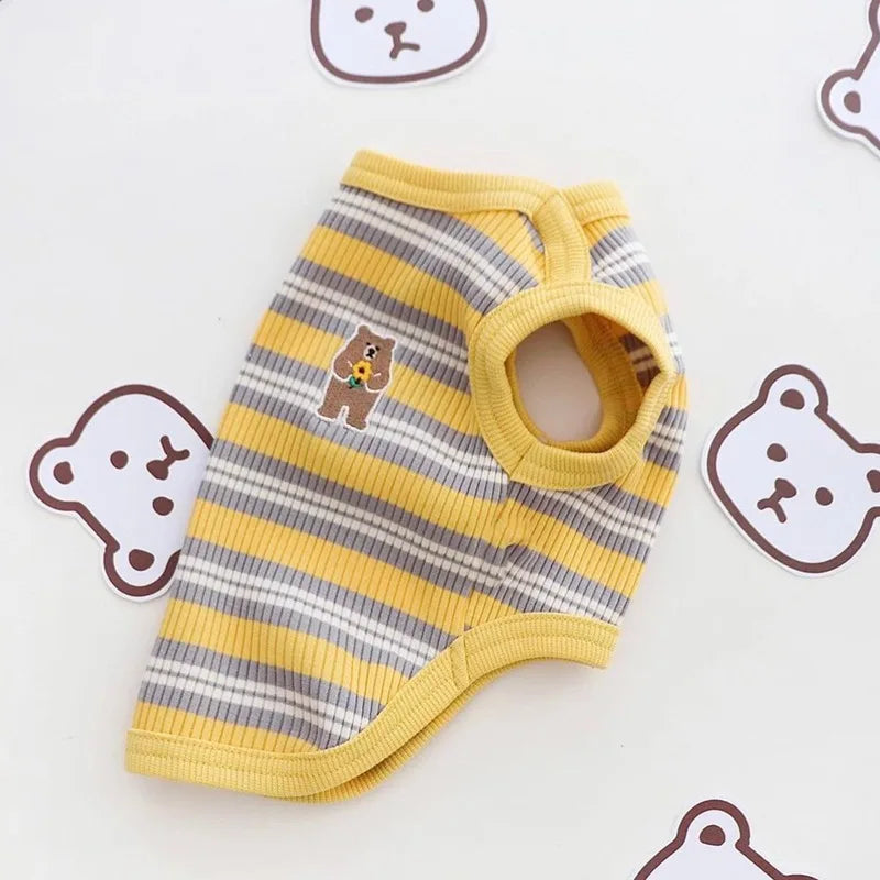 Pet Dog Vest Puppy Clothes Summer Cotton Bear Print T-Shirt Striped Dog Shirt Girls Dog Costume Chihuahua Korean Style Clothing