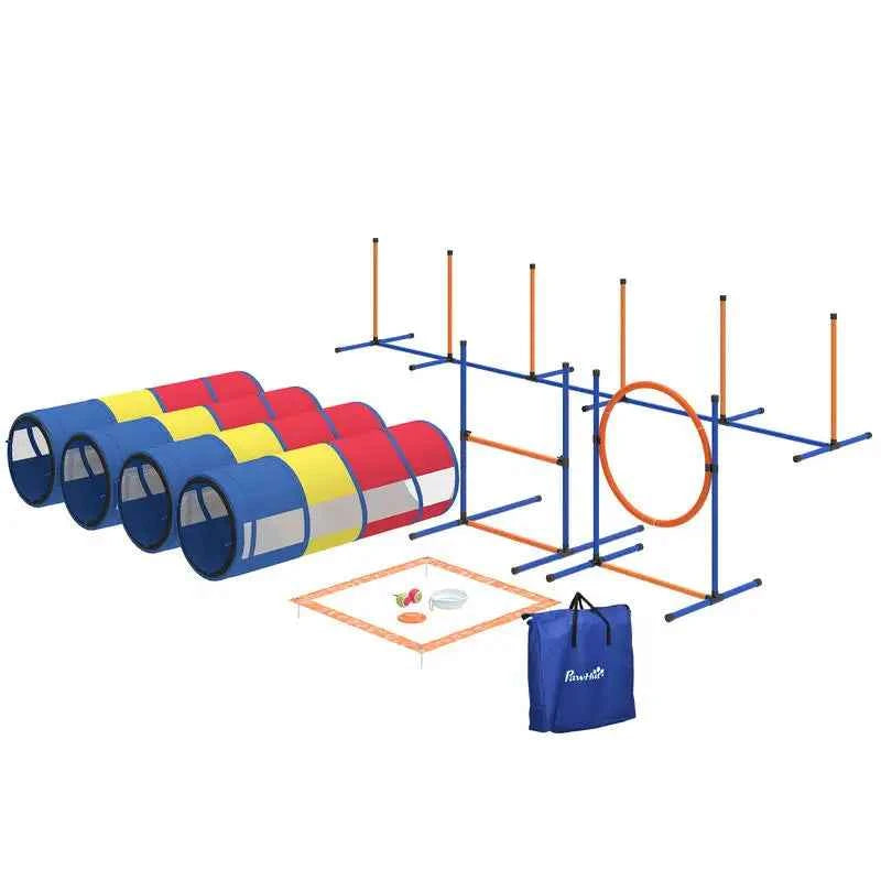 Dog Agility Training Equipment, 12-Piece Dog Obstacle Course with Adjustable Hurdle & Ring, 4 Tunnels, Weave Poles