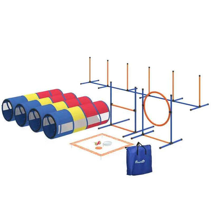 Dog Agility Training Equipment, 12-Piece Dog Obstacle Course with Adjustable Hurdle & Ring, 4 Tunnels, Weave Poles
