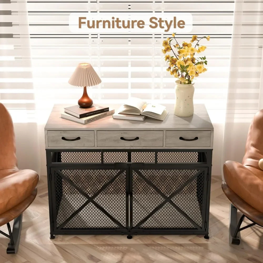 43.3 Inch Large Dogs Crate, Wooden Dogs Kennels with Drawers, Heavy Duty Dogs Crate Furniture-Style Indoor, Decorative Dog Cage