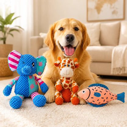 Three Piece Medium Dog Chew Toy Set With Squeaky Plush Teeth Cleaning Nubs