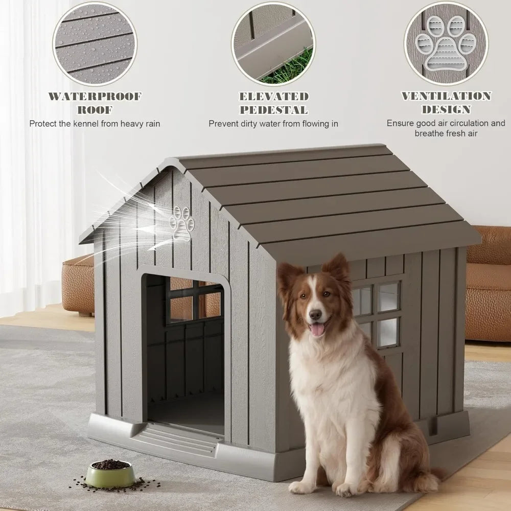 Large Dog House Outdoor, Durable Plastic Waterproof Indoor Doghouse with Air Vents and Elevated Floor for Small Medium Large Dog