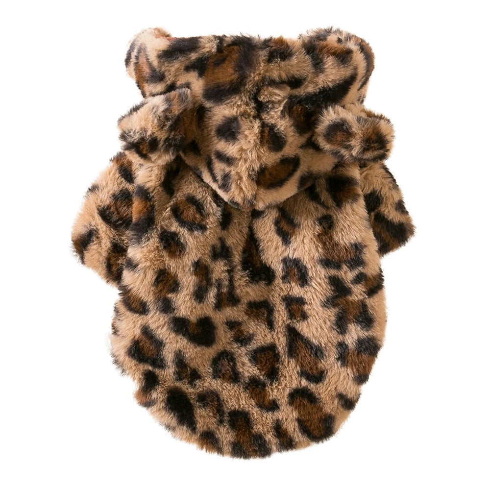 Leopard Print Winter Dog Hoodie Fleece Coat For Small Dogs