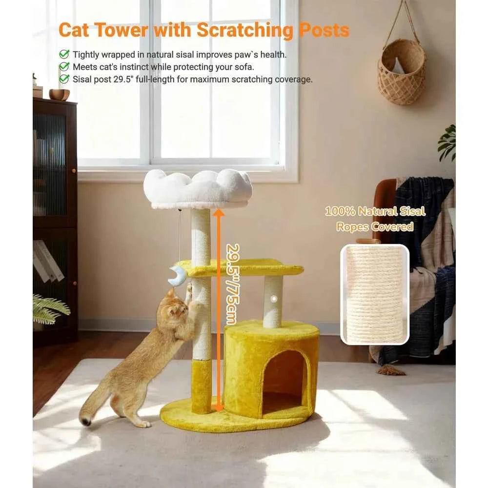 33 Inch Multi Level Cat Tree Tower with Cozy Padded Bed Large Condo Scratching Posts Viewing Perch and Toys
