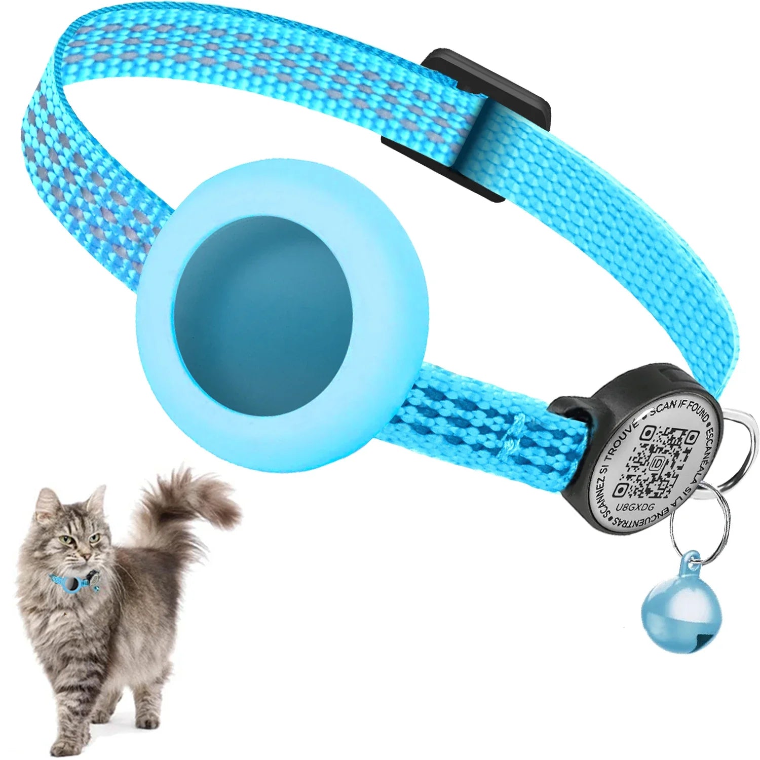 GPS Cat Collar with AirTag Holder & QR Name Tag  for Tracker Cats, Anti-loss Reflective Kitten Collar Location Case for Air Tag