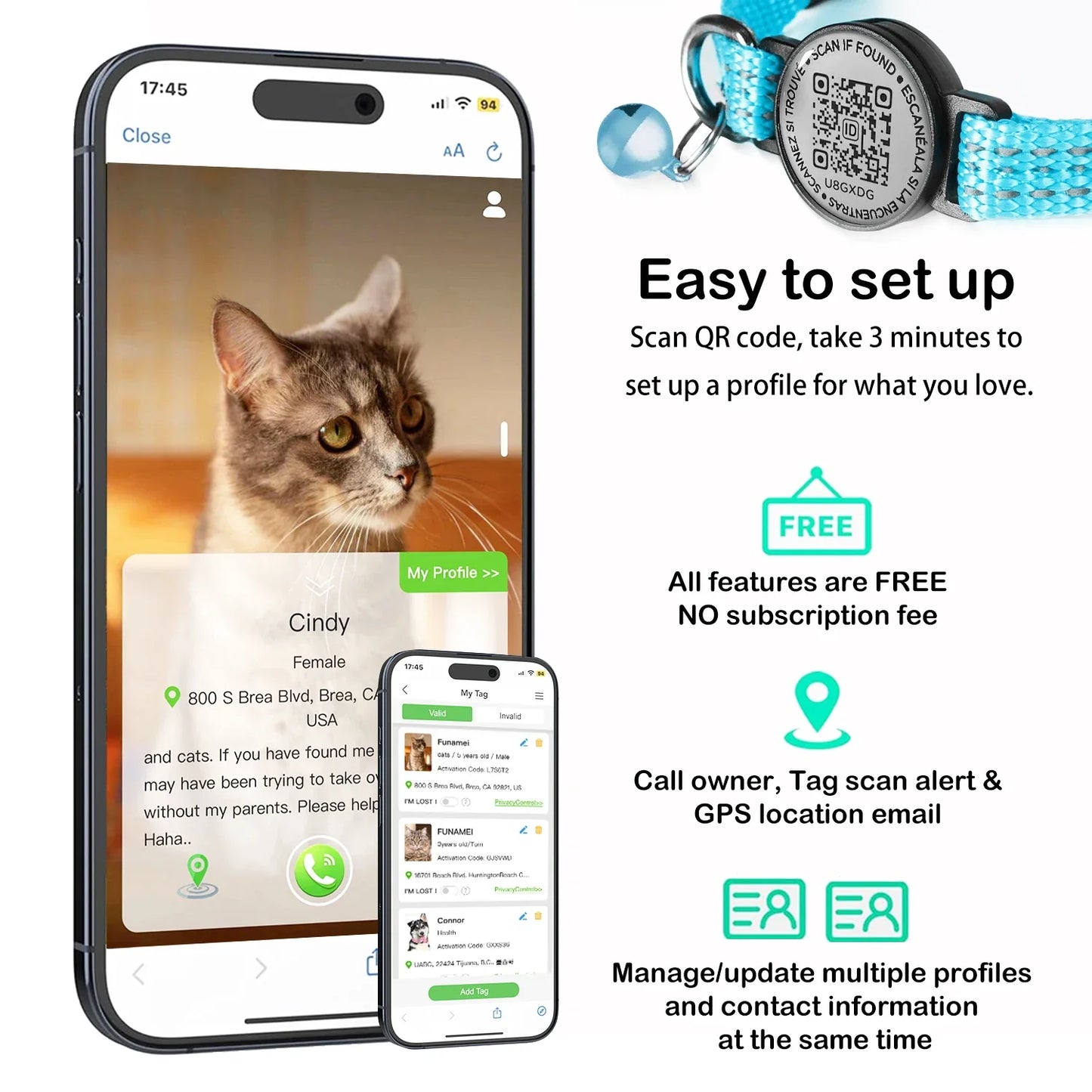 GPS Cat Collar with AirTag Holder & QR Name Tag  for Tracker Cats, Anti-loss Reflective Kitten Collar Location Case for Air Tag