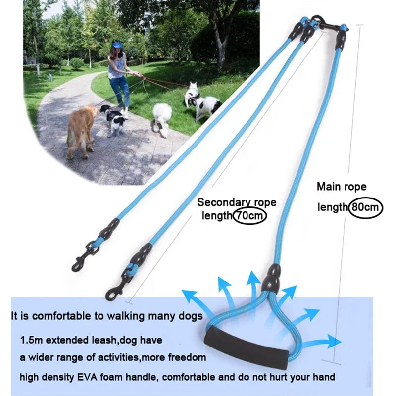 Double Head Nylon Dog Leash And Coupler For Two Dogs