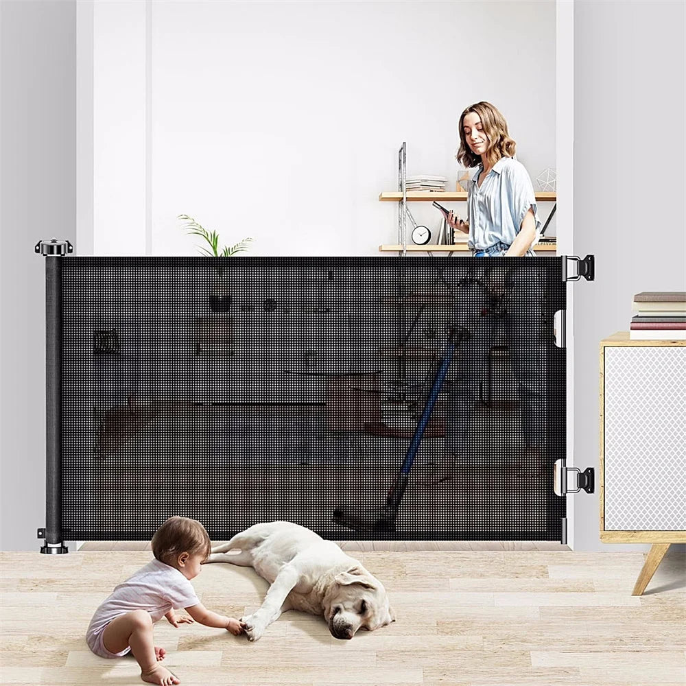 71in Extra Wide Retractable Baby Gate No-Drill Childproof Net Fence 34in Tall Mesh Baby Safety Gate for Stairs Dog Gate Black