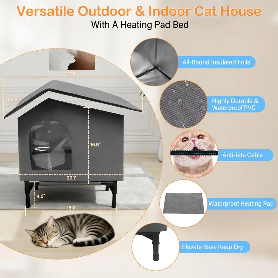 Heated Outdoor Cat House With Heating Pad And Insulated Shelter