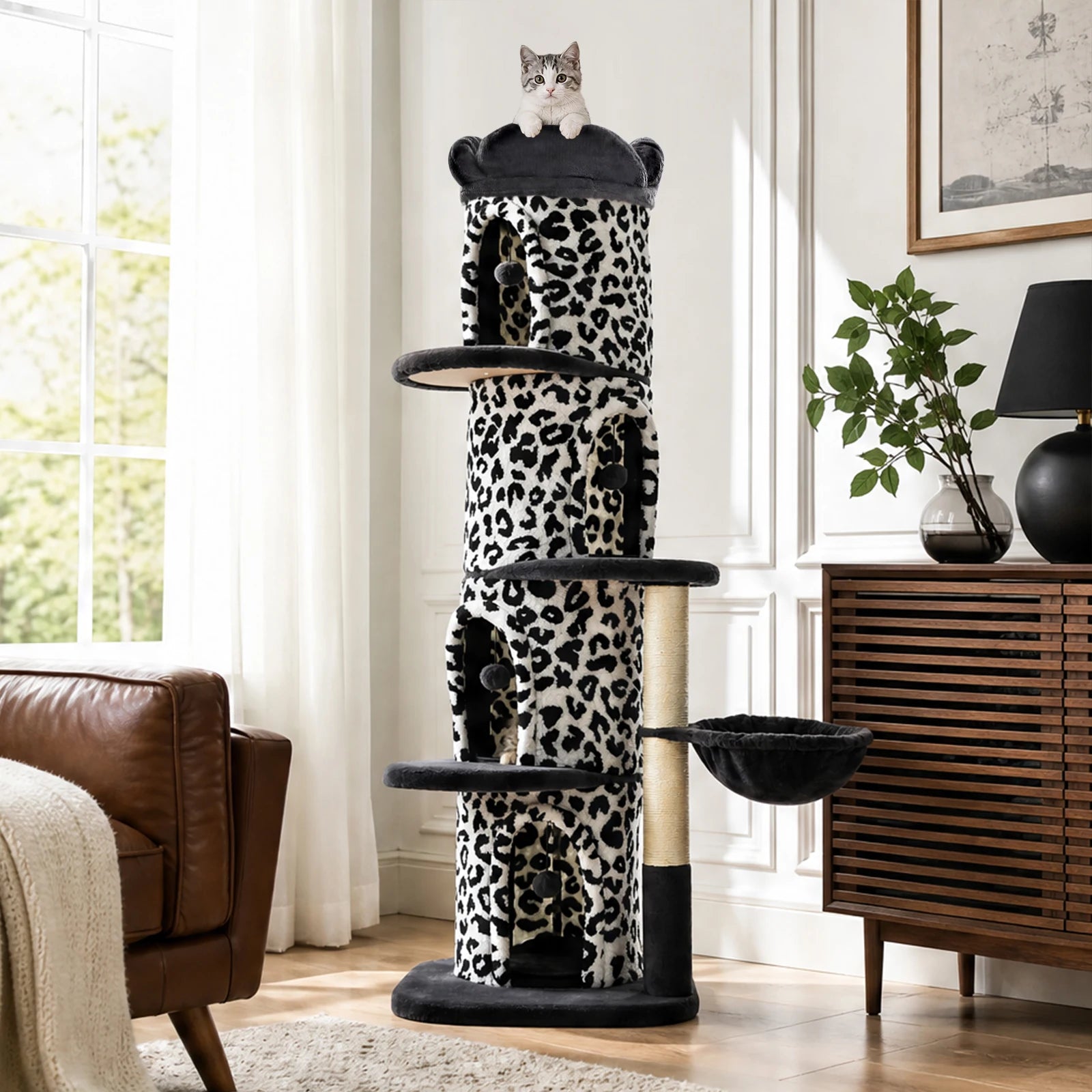 Large Cat Tree with 4 Spacious Condos Thick Scratching Post Flower Top Bed Tall Cat Tower for Indoor Luxury Cat House Bed Toys