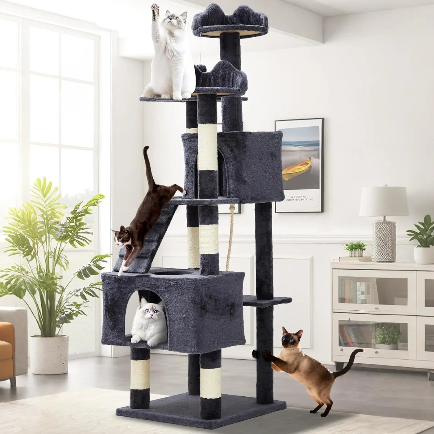 72 Inch Large Cat Tree Tower with Scratching Posts, Multi Level Cat Condo Furniture with Perches, Hammock & Toys, Stable Indoor Activity Center for Cats