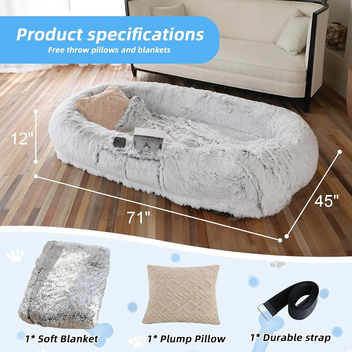 Extra Large Pet And Human Bed With Orthopedic Support Pillow