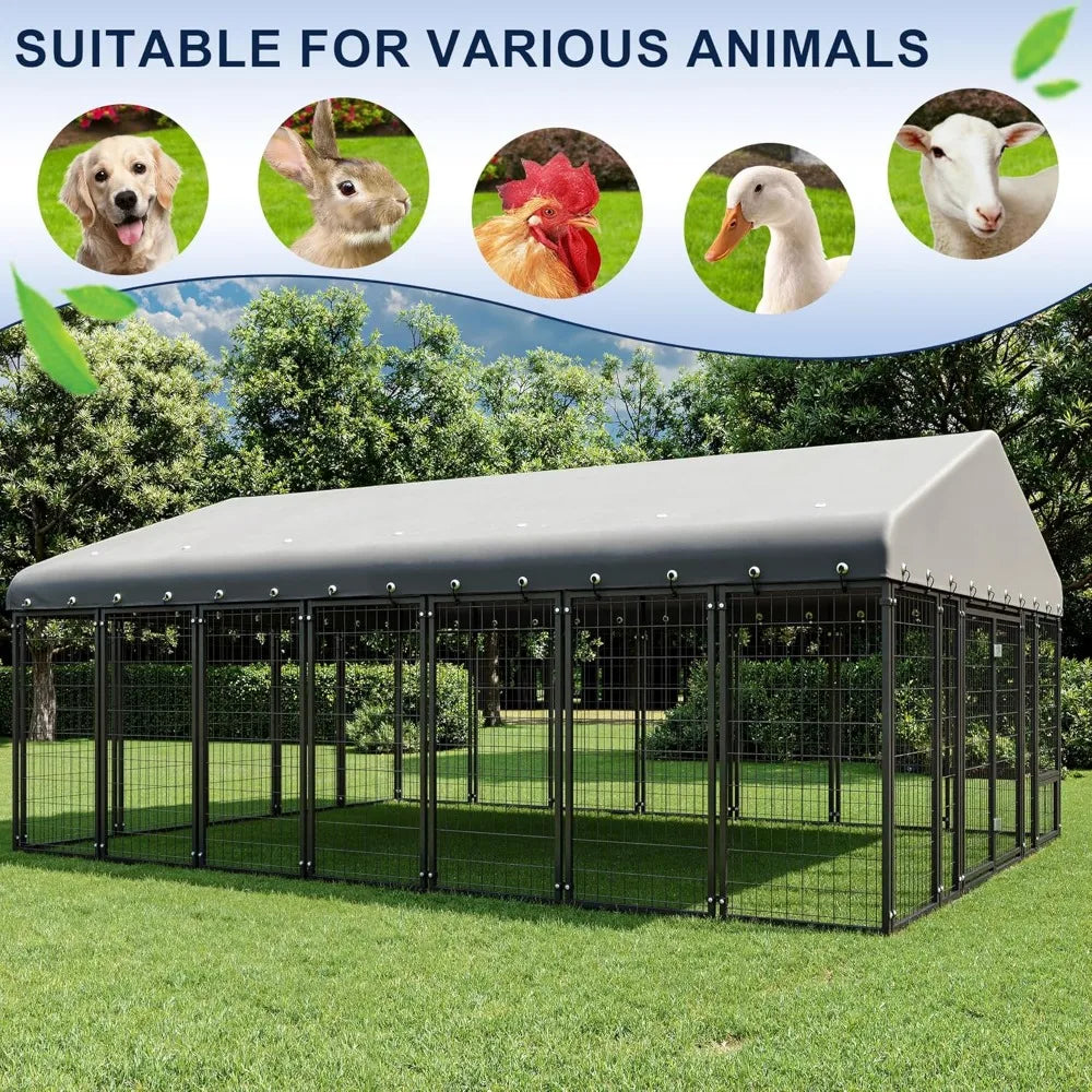 10X14FT Dog Kennel Outside Double Door Dog Kennel Outdoor with Feeding