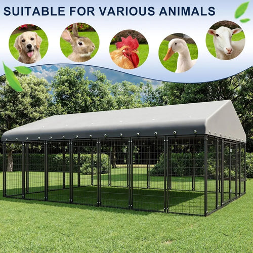 10X14FT Dog Kennel Outside Double Door Dog Kennel Outdoor with Feeding