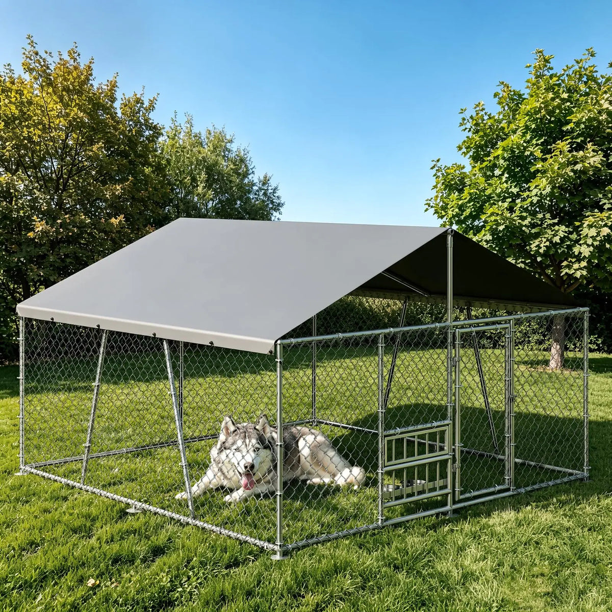 10x10x5.9FT Outside Dog Enclosure With PE Waterproof Roof, 360° Feeding Door, Heavy Duty Lockable Galvanized Kennel