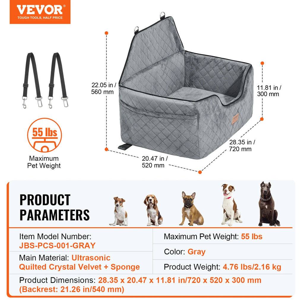VEVOR Dog Car Seat Dog Booster Seat for Car with A Storage Pocket Sponge Filling Car Bed for Medium Large Dog up to 55 lbs Gray
