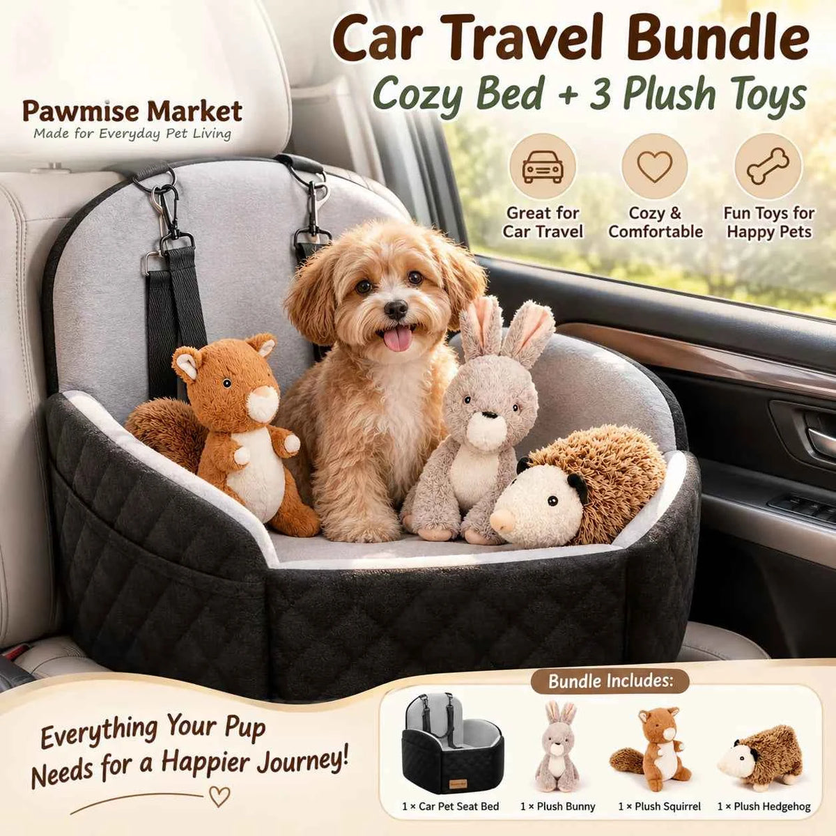 4-Piece Dog Car Seat Bed Set, Cozy Travel Pet Bed with Adjustable Securing Straps & 3 Squeaky Plush Toys, Soft Car Seat Cushion for Small Dogs and Puppies
