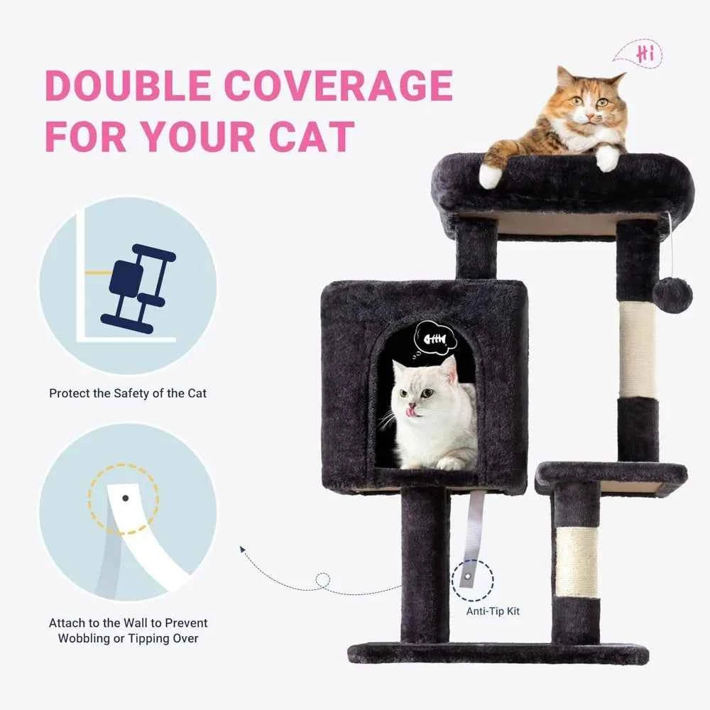 29 Inch Multi Level Cat Tree with Plush Perches Condo Sisal Scratching Posts for Kittens Dark Grey