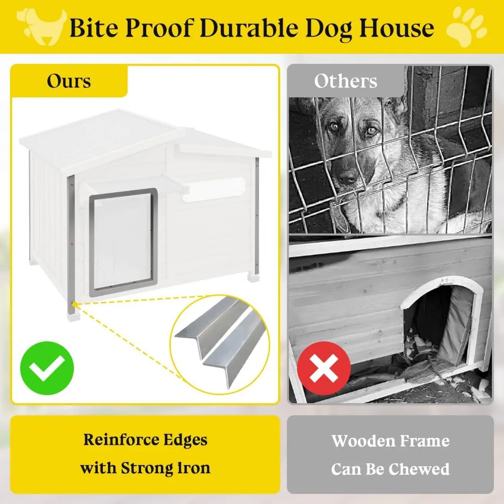 Dog House Outdoor Weatherproof Large Wooden Dog Kennel Indoor with Chew-Proof Iron Frame, Removable Floor,