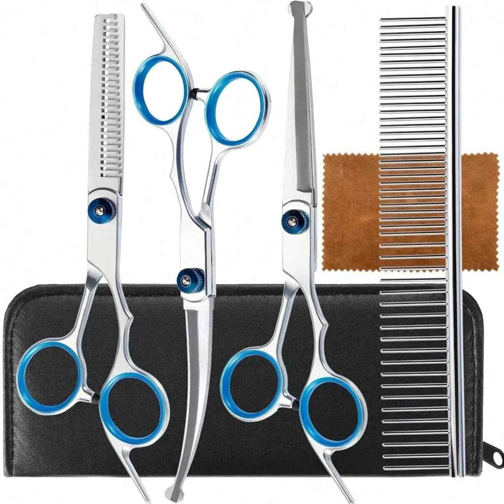 Professional Pet Grooming Scissors Kit Stainless Steel Dog Cat Hair Cutting Thinning Curved Straight Trimmer Shears with Comb & Case