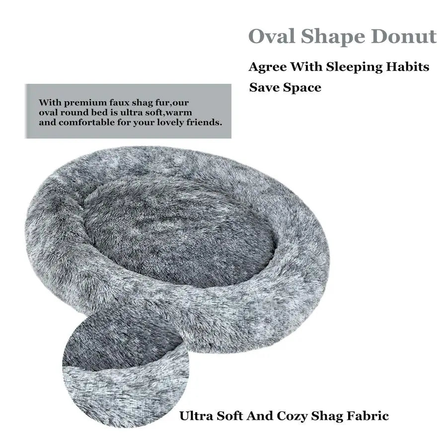 Oval Calming Donut Cuddler Pet Bed Shag Faux Fur Washable