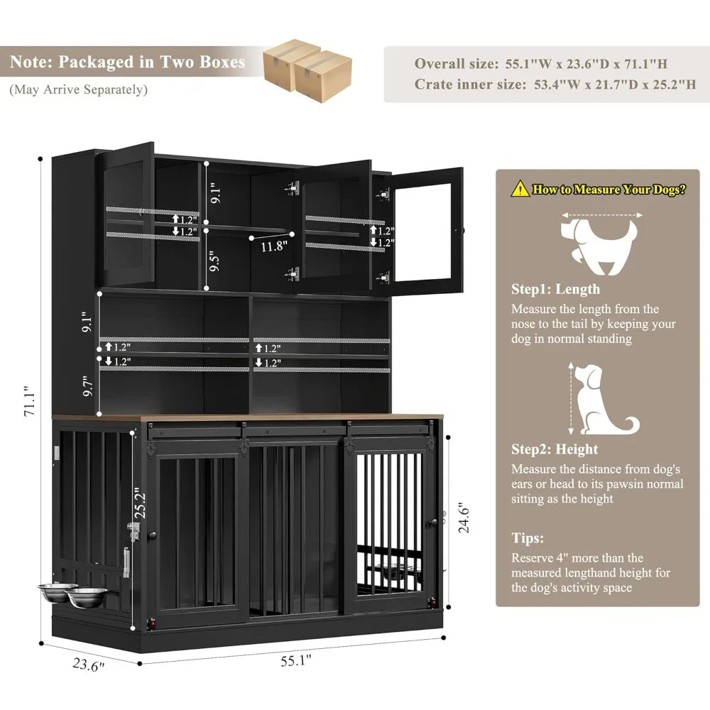 Double Dog Crate With Storage Hutch And Feeding Bowls Indoor