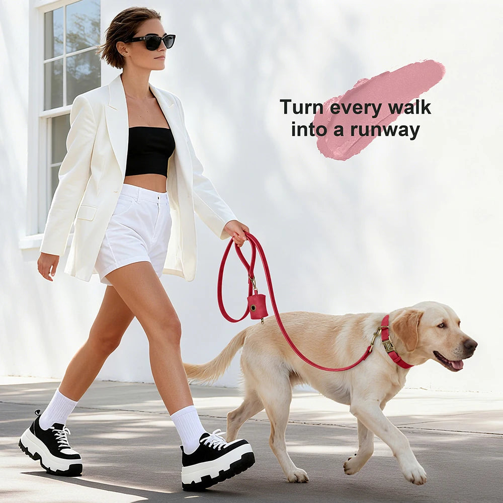 Didog Custom Dog Collar Leash Set With Poop Bag PU Leather