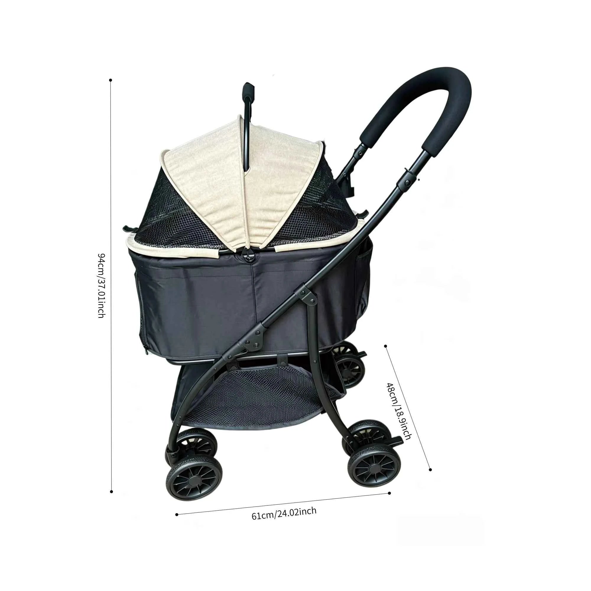 Pet Stroller 2-in-1 Detachable with Removable Lightweight Carrier Basket One-Click Fold 4-Wheel Dog Cat Trolley Breathable Mesh Windows Large Storage Space for Small Medium Pets