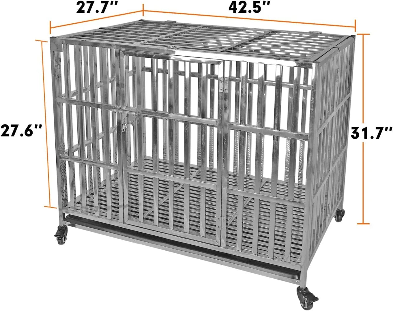 Stackable Stainless Steel Dog Crate Heavy Duty Pet Kennel Foldable Indestructible Dog Cage Playpen with Lockable Rolling Wheels