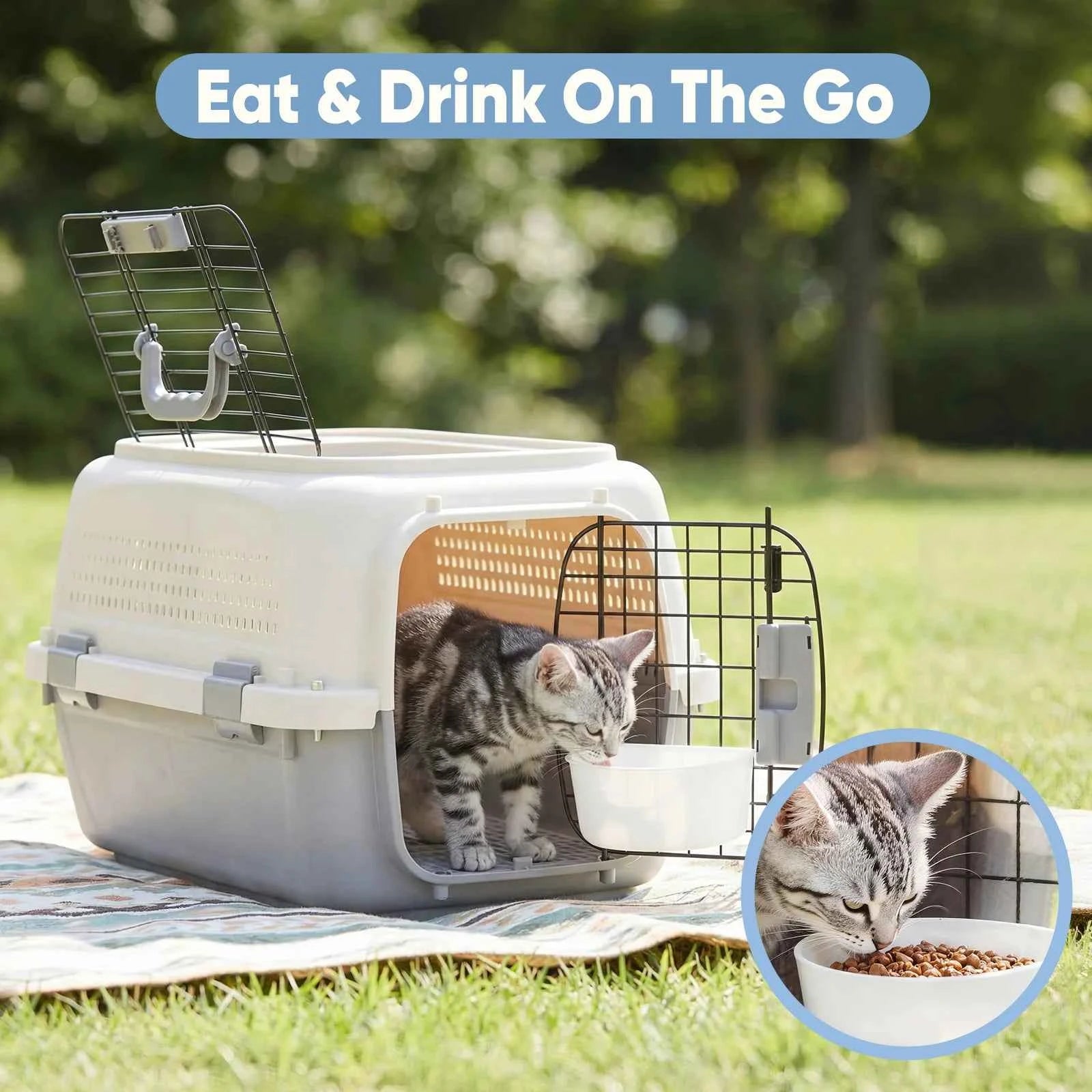JHK 23Inch Pet Carrier for Small Dogs Cats  Front Top Load Wire Door Food Bowl Travel Crate with Enhanced Security Latchesfor