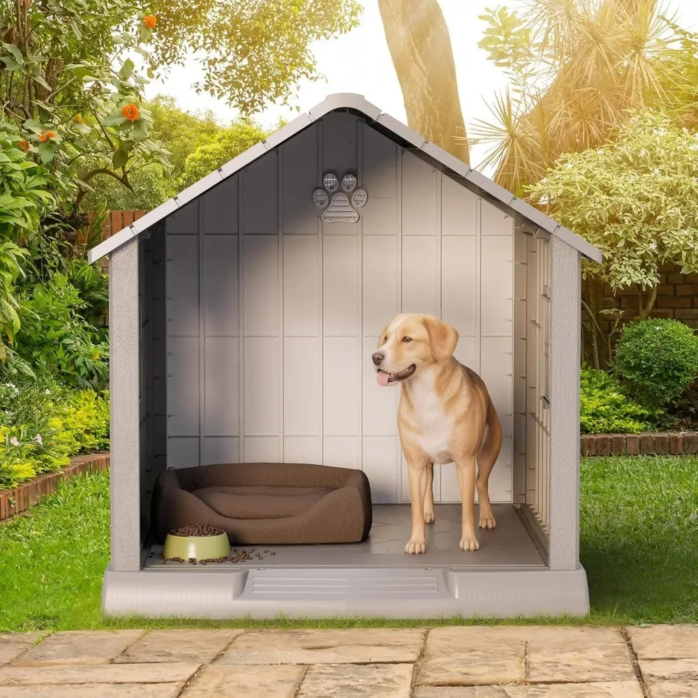 Large Dog House Outdoor, Durable Plastic Waterproof Indoor Doghouse with Air Vents and Elevated Floor for Small Medium Large Dog