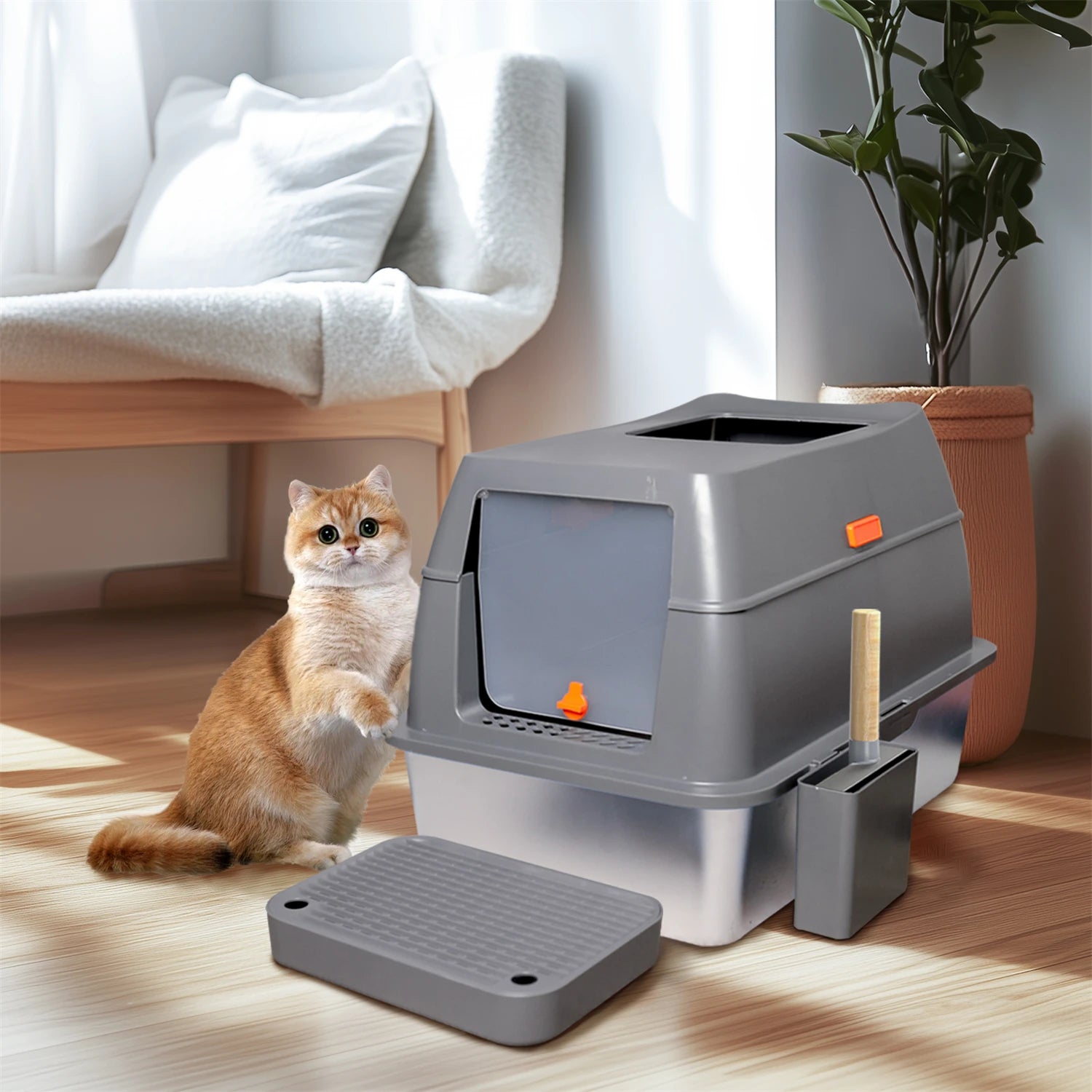 Stainless Steel Enclosed Cat Litter Box With Lid And High Walls