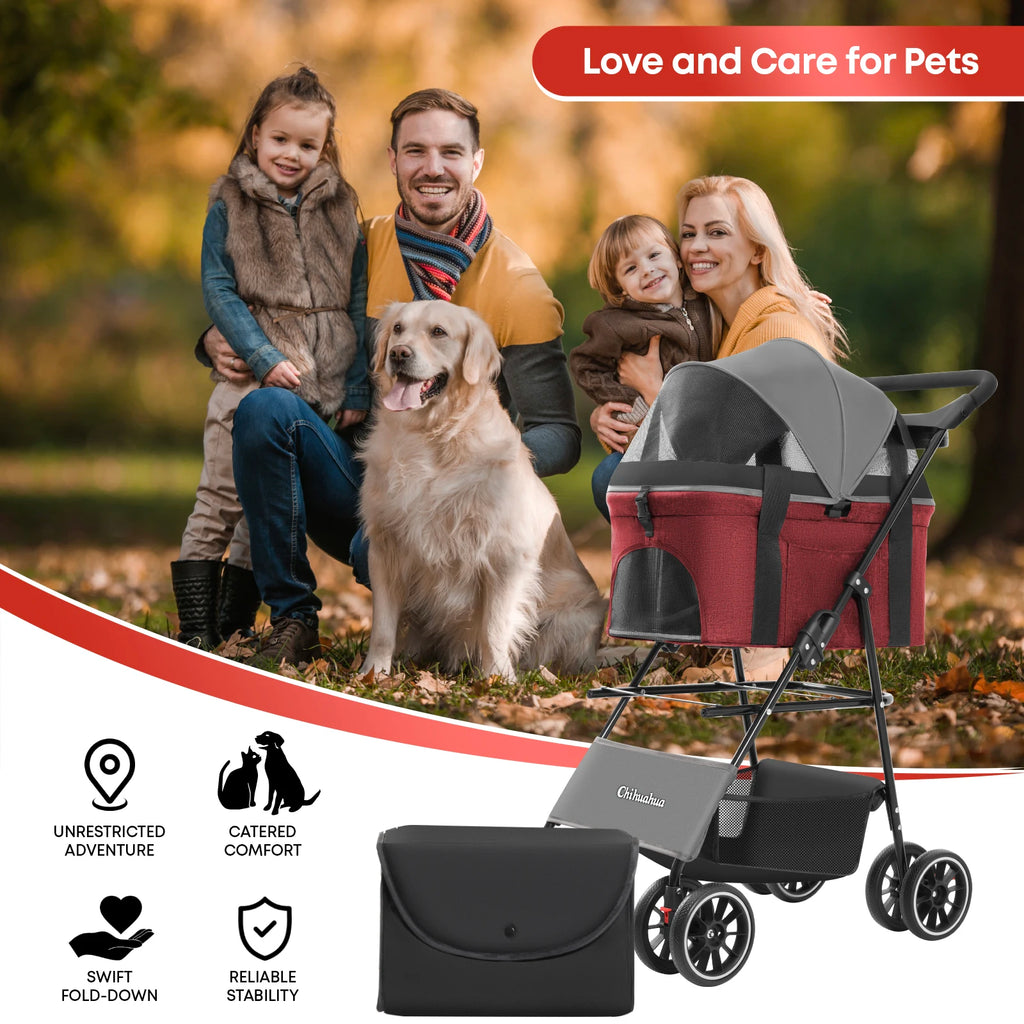 Chihuahua 2-In-1 Foldable 4-Wheel Pet Stroller With Detachable Carrier
