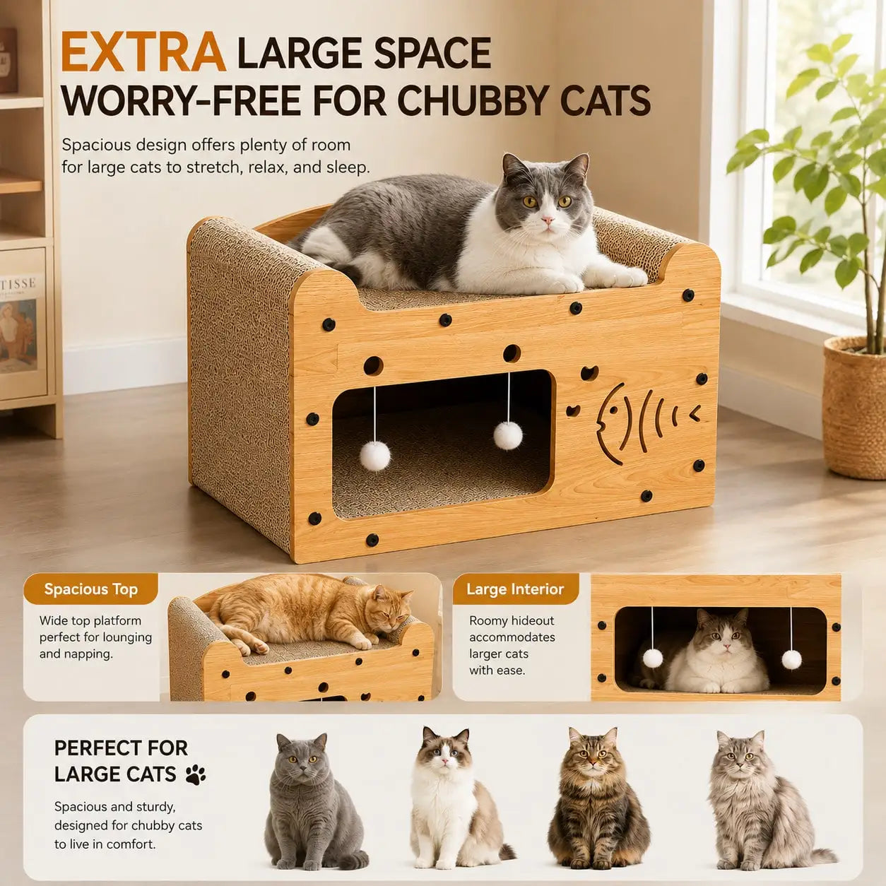 2 In 1 Double Layer Cardboard Cat Scratcher Lounge Bed Bubble Fish Star Moon Double Cat Head Pattern Detachable Upper Platform Cat Hideaway With 2 Hanging Pom Pom Balls For Multi Cat Households