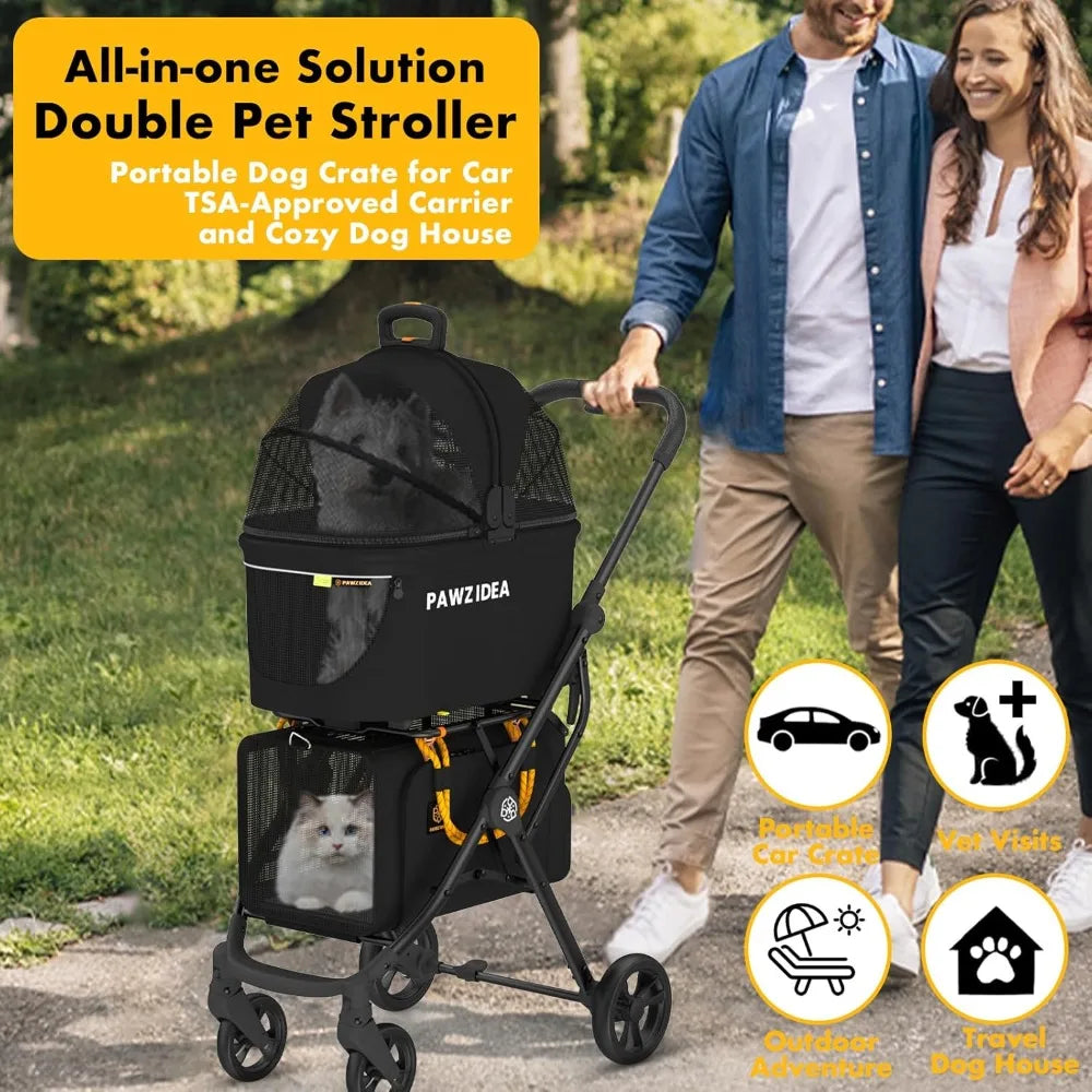 Double Pet Stroller with 2 Detachable Carriers, Portable Dog Crate for Car Travel & TSA-Approved Expandable Cat Carrier