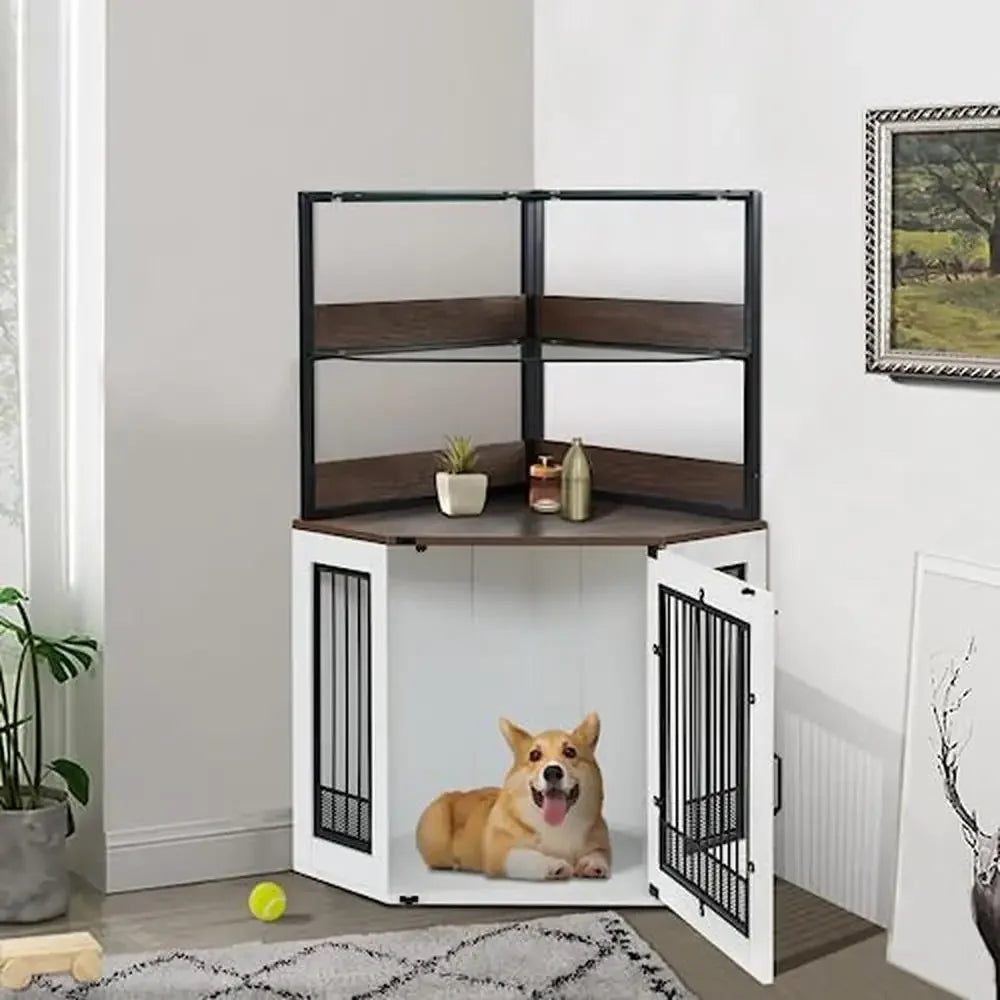 Wooden Corner Dog Crate Furniture Glass Shelves Kennel Pet Indoor CN17 White Brown Display Cabinet Safe Anti-Tip Straps Locks
